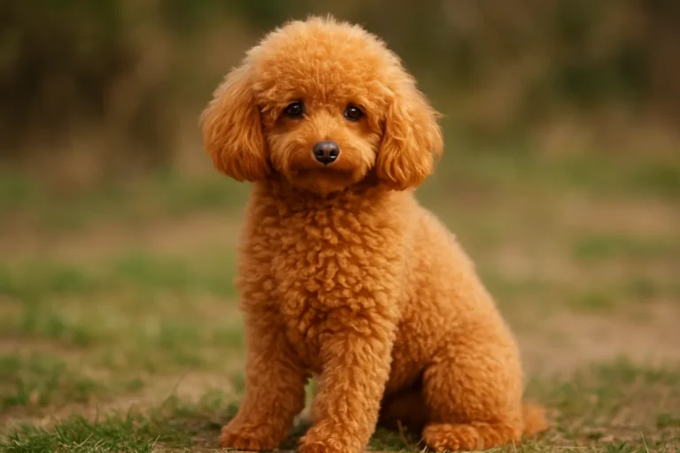 Caniche nain abricot assis dans l’herbe, petit chien au pelage frisé fauve orangé et au regard vif