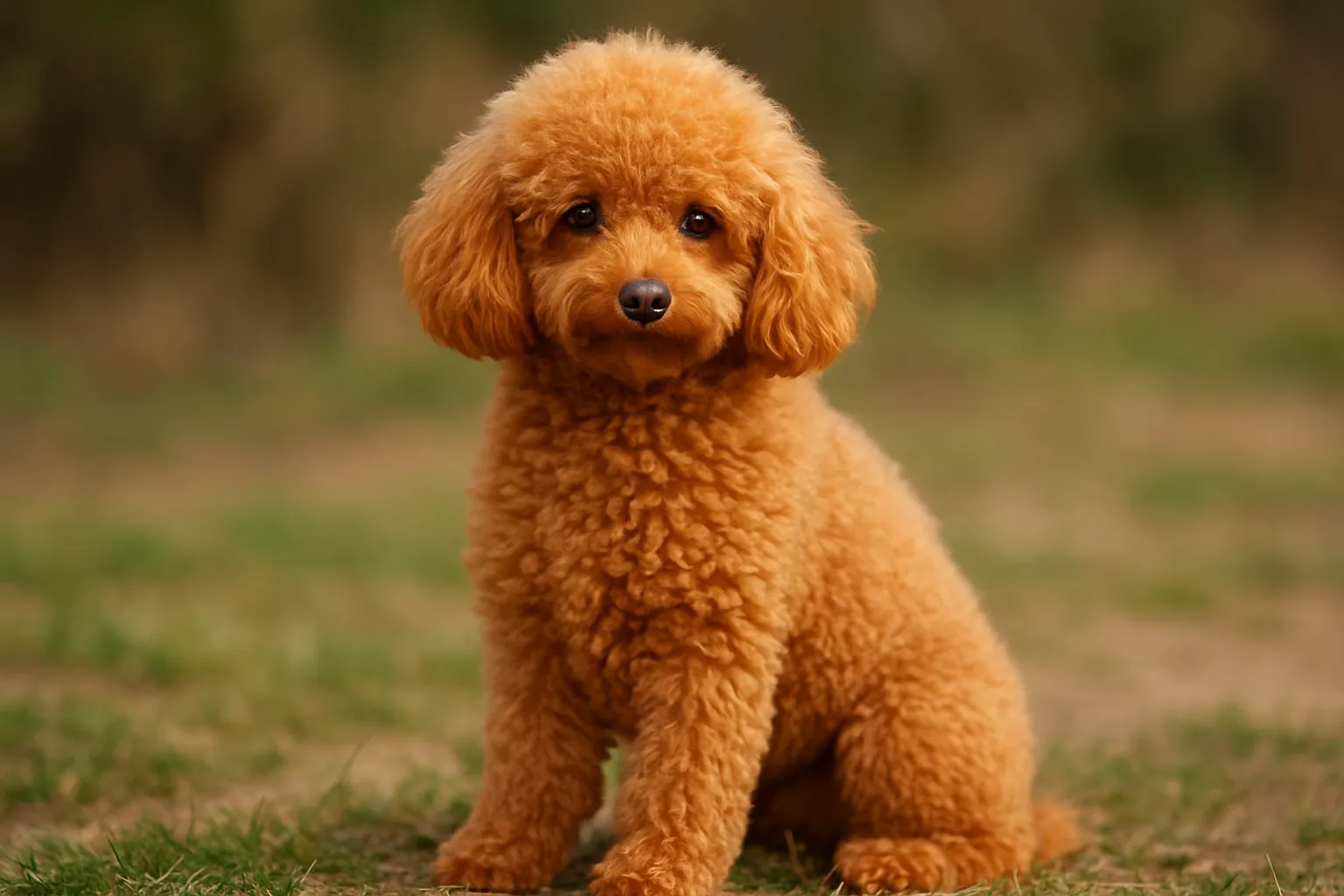 Caniche nain abricot assis dans l’herbe, petit chien au pelage frisé fauve orangé et au regard vif