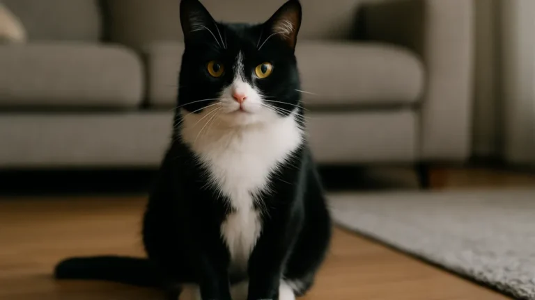 Chat noir et blanc de type tuxedo assis dans un salon, illustrant une robe bicolore sans race spécifique