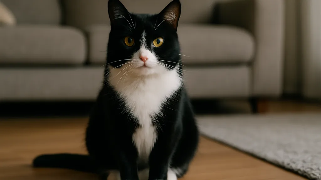 Chat noir et blanc de type tuxedo assis dans un salon, illustrant une robe bicolore sans race spécifique