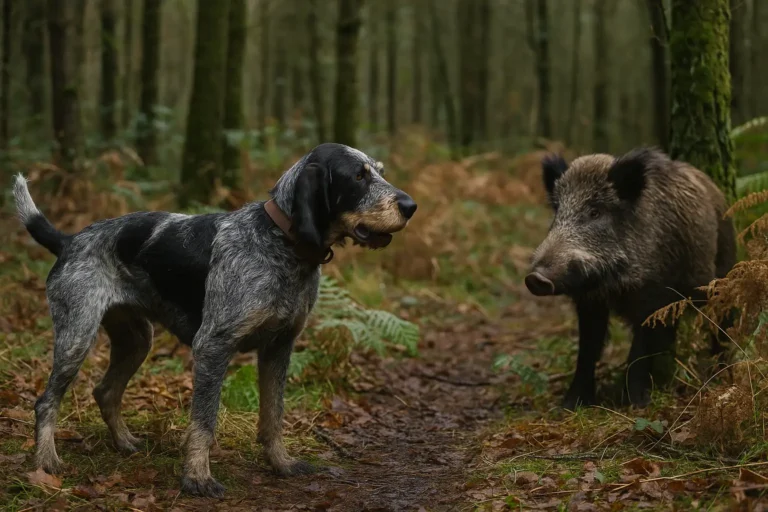 Griffon Bleu de Gascogne en pleine forêt, chien de chasse au sanglier concentré en battue