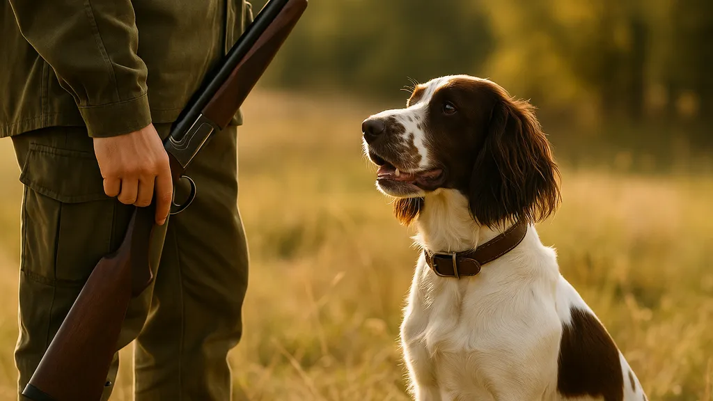 Chien de chasse de type spaniel assis dans un champ à côté de son maître en tenue de chasseur, prêt à partir à la chasse