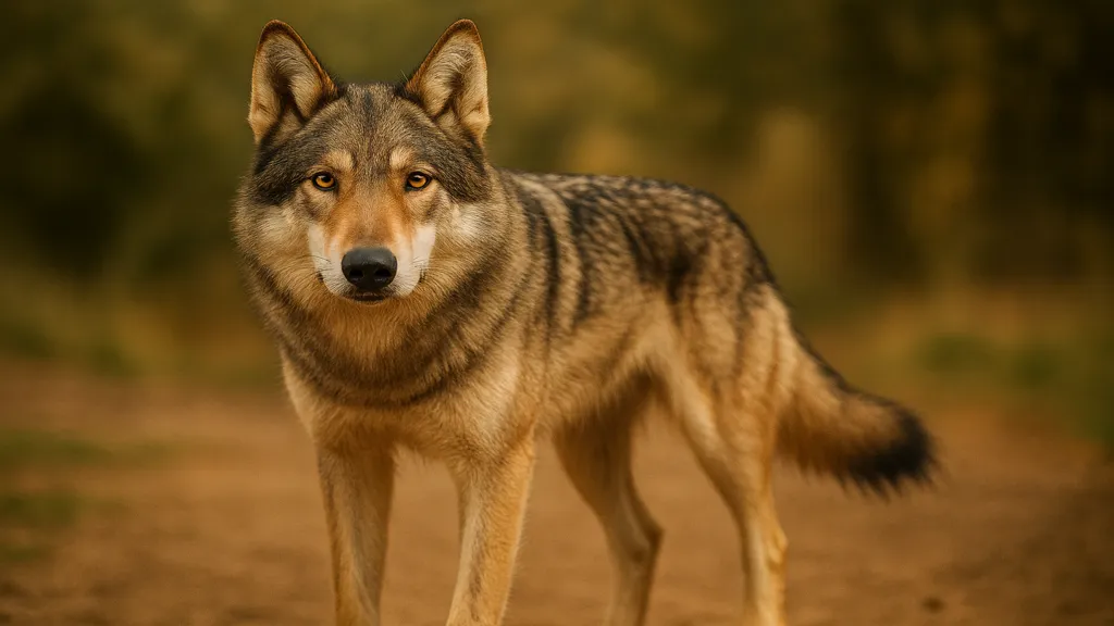 Chien-loup américain debout sur un chemin forestier, regard fixe et allure lupoïde dans une lumière chaude.