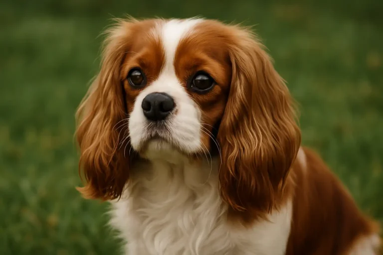 Chien à oreilles tombantes de type Cavalier King Charles allongé dans l’herbe, regard doux et détendu en extérieur