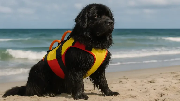 Chien sauveteur en mer Terre-Neuve équipé d’un harnais de secours sur une plage, prêt pour une intervention aquatique