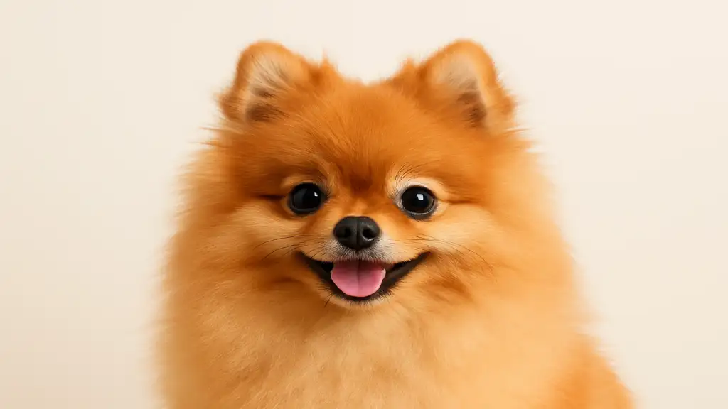 Spitz nain au pelage orange épais et soyeux, photographié en portrait horizontal, illustrant le type de chiot souvent recherché en élevage.