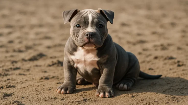 Chiot American Bully posé dans l’herbe, portrait réaliste mettant en valeur sa morphologie compacte et son regard expressif