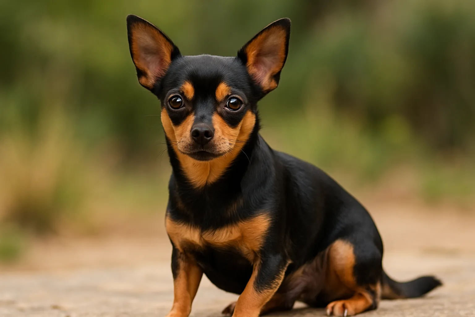 Chihuahua croisé pinscher de couleur noir et feu assis dehors, petit chien chipin aux grandes oreilles et au regard expressif