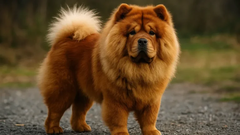 Chow chow adulte au pelage fauve, debout sur un chemin, illustrant la taille réelle de la race