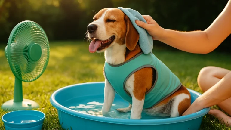 Chien allongé sur un carrelage frais en été, à l’ombre, pour se rafraîchir et éviter le coup de chaleur