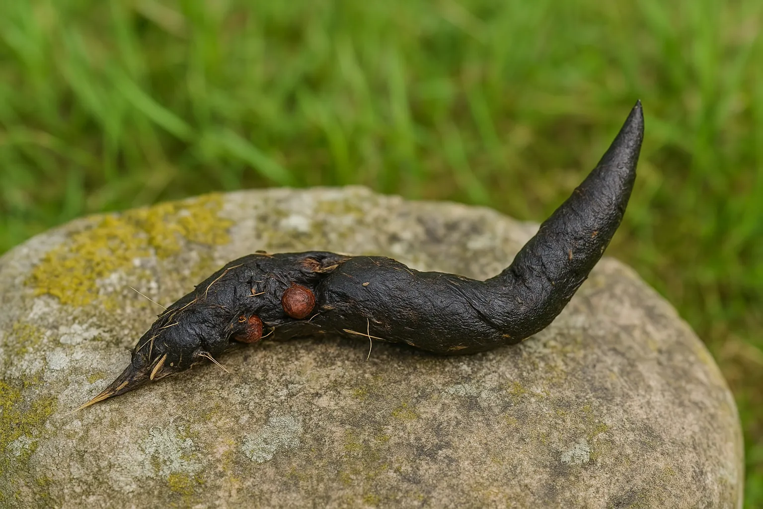 Crotte de martre noire torsadée déposée sur un rocher moussu, excrément allongé à extrémité pointue contenant poils et baies non digérées