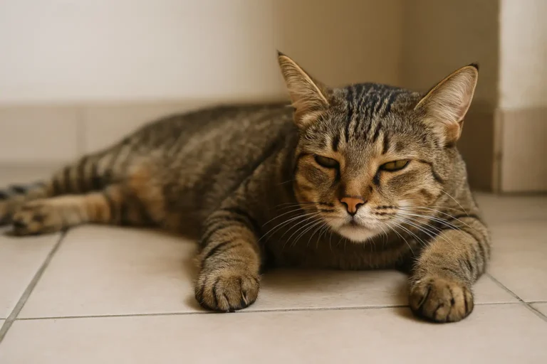 Chat domestique allongé et apathique sur un canapé, truffe chaude et regard fatigué, illustrant les signes de fièvre chez le chat et la nécessité de consulter un vétérinaire en cas de température élevée.