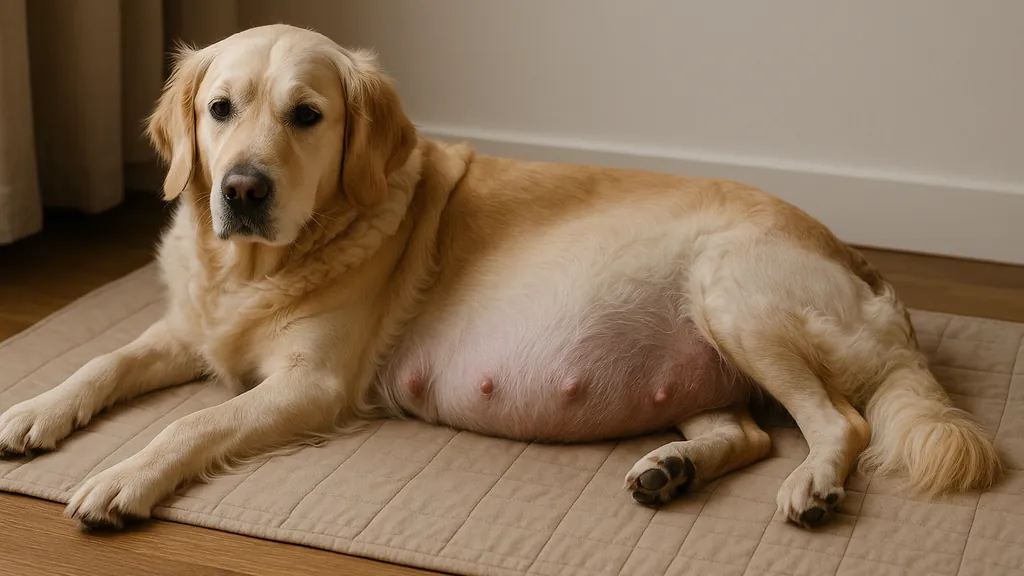 Chienne gestante allongée sur un tapis, ventre bien rond illustrant la fin de gestation chez le chien