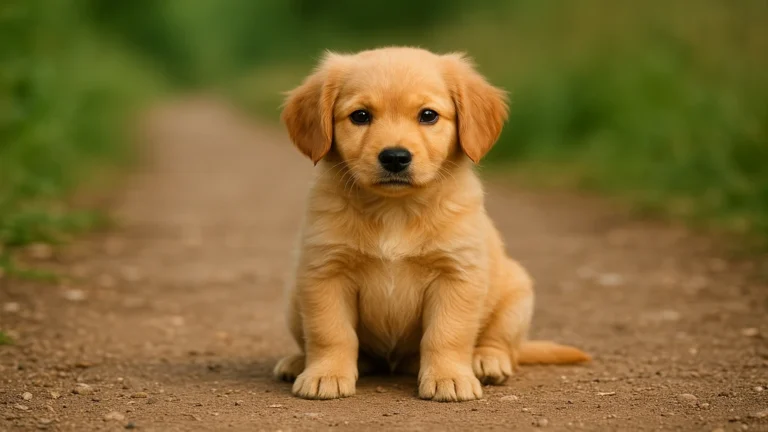 Chiot golden retriever nain assis sur un chemin, petit gabarit doré illustrant un mini golden retriever ou comfort retriever.