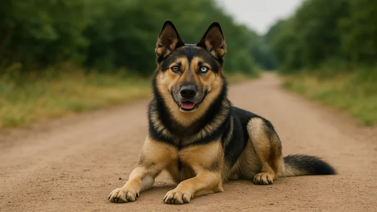 Husky croisé berger allemand allongé sur un chemin de terre, au pelage noir et fauve et aux yeux bleu et marron, illustrant le Gerberian Shepsky chien hybride énergique.