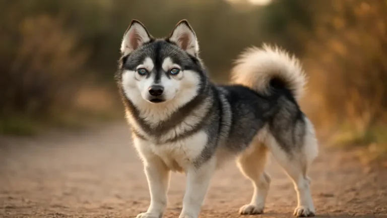 Husky miniature de type Alaskan Klee Kai debout sur un chemin naturel au coucher du soleil, pelage noir et blanc et yeux bleus