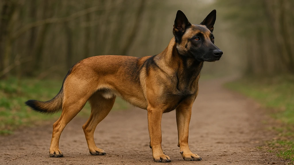 Labrador croisé malinois debout sur un chemin en forêt, chien athlétique au pelage fauve et masque noir illustrant le Malinador énergique et vigilant.