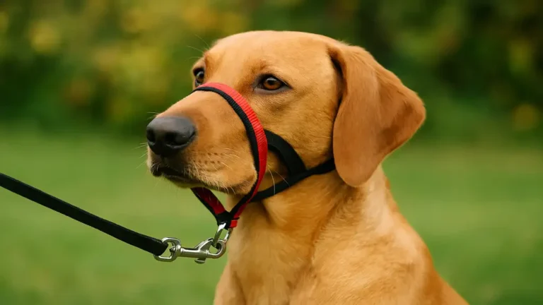 Chien portant un licol anti-traction en extérieur, illustrant l’utilisation d’un licol pour améliorer le contrôle en laisse.