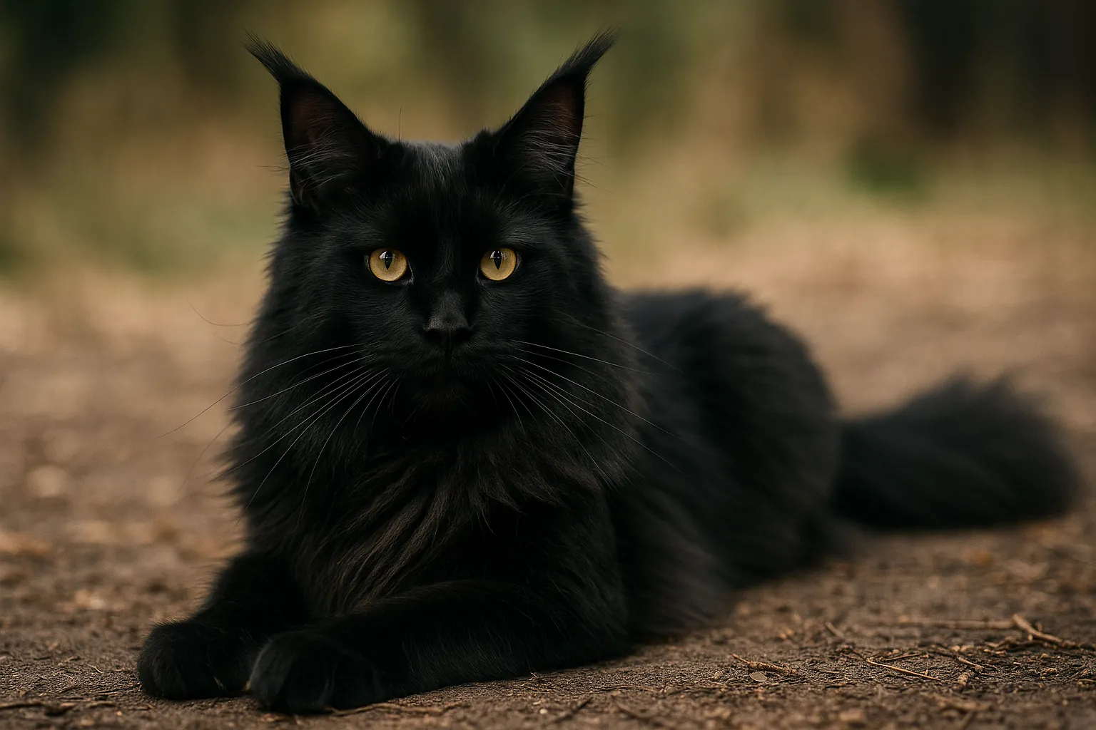 Maine Coon noir majestueux au pelage d’ébène et aux yeux dorés, allongé en extérieur dans un décor naturel flou