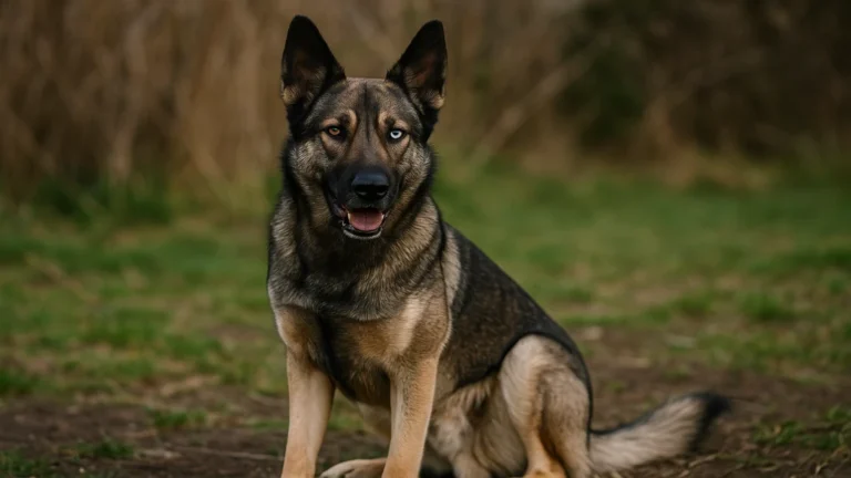 Chien Belusky assis en extérieur, croisé Malinois et Husky, au pelage fauve et noir avec un œil bleu et un œil marron, illustrant l’apparence typique du malinois husky.