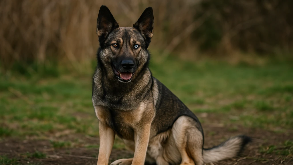 Chien Belusky assis en extérieur, croisé Malinois et Husky, au pelage fauve et noir avec un œil bleu et un œil marron, illustrant l’apparence typique du malinois husky.
