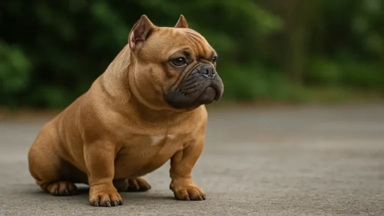 Micro Bully fauve assis sur un sol extérieur, montrant une musculature compacte et une morphologie typique de cette variété miniature.