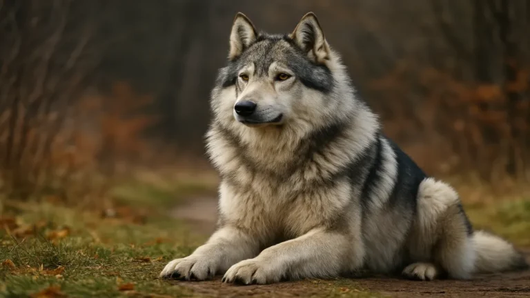 Chien-loup Nordic Timber assis dans un sous-bois, au pelage épais et lupoïde, regard attentif, ambiance naturelle.