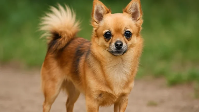 Pomchi au pelage fauve et aux oreilles dressées, debout sur un chemin en extérieur, croisé Spitz nain et Chihuahua de petit gabarit.
