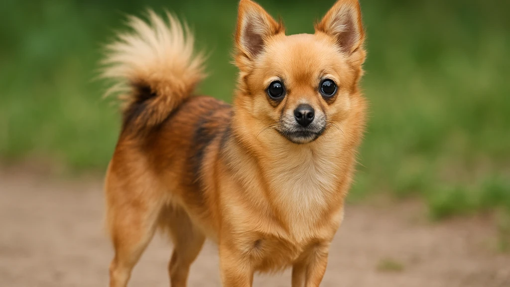 Pomchi au pelage fauve et aux oreilles dressées, debout sur un chemin en extérieur, croisé Spitz nain et Chihuahua de petit gabarit.
