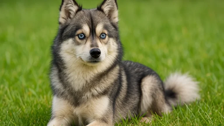 Pomsky adulte au pelage dense et aux yeux expressifs, debout en extérieur, croisé husky et spitz nain de gabarit moyen.