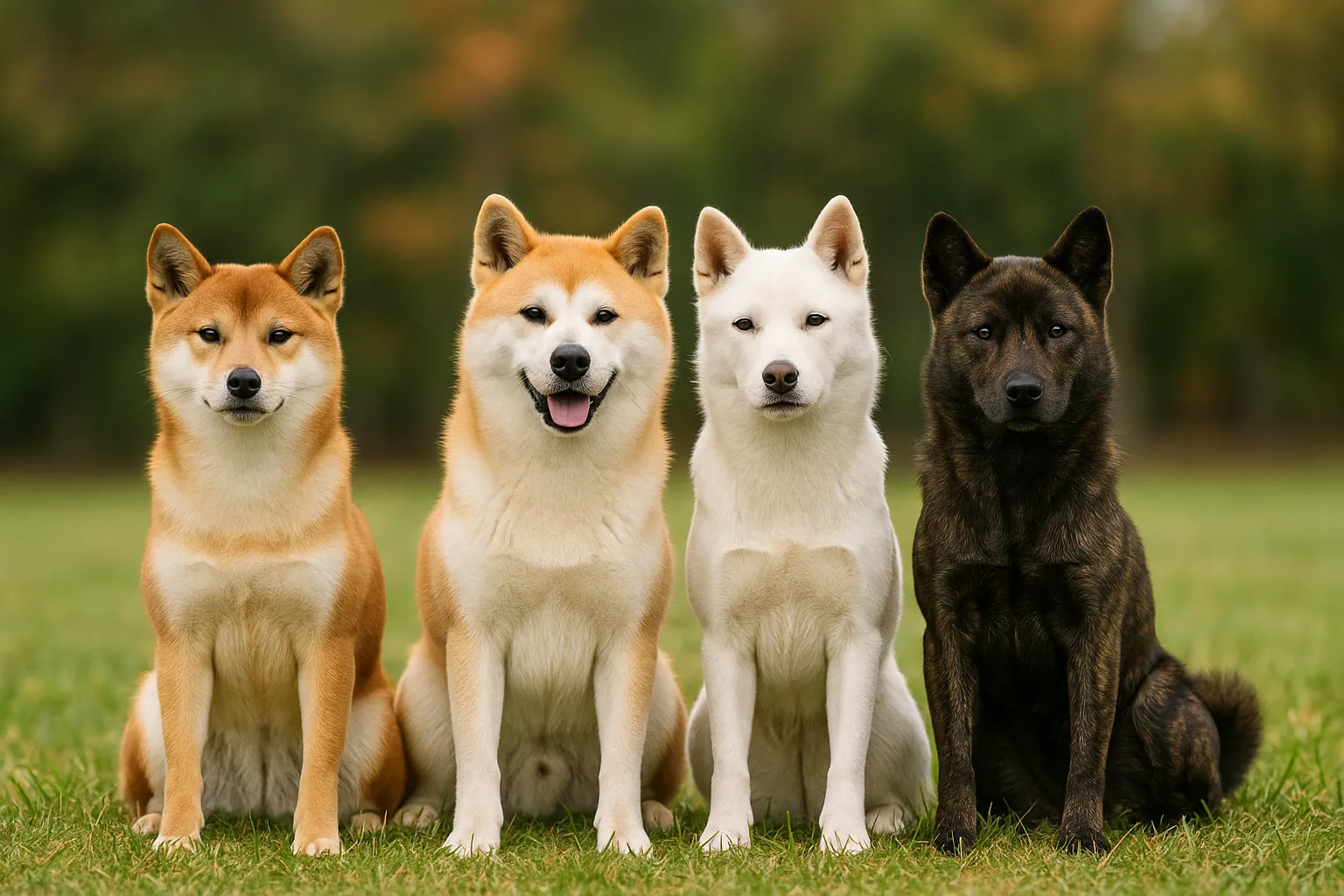 Quatre chiens japonais de type spitz assis côte à côte dans l’herbe, Shiba inu et autres Nihon Ken aux robes rouge, blanche et bringée, queue enroulée et oreilles dressées,