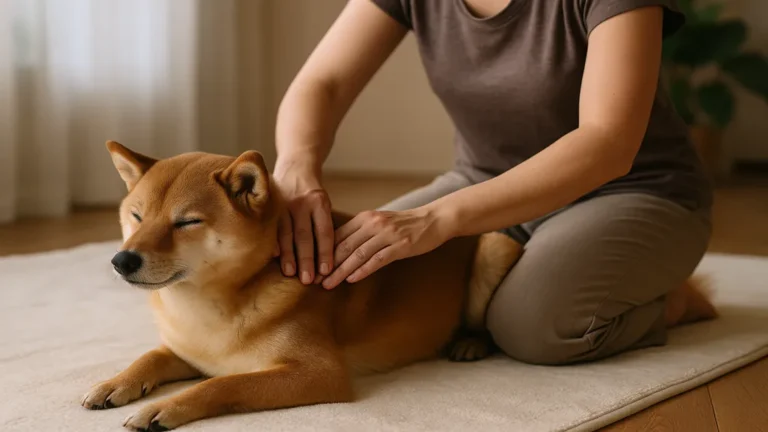 Praticienne appliquant une séance de shiatsu sur un chien détendu allongé dans un intérieur calme.
