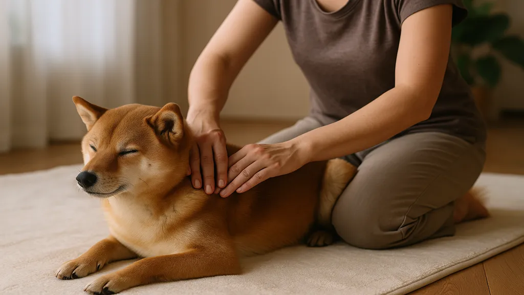 Praticienne appliquant une séance de shiatsu sur un chien détendu allongé dans un intérieur calme.