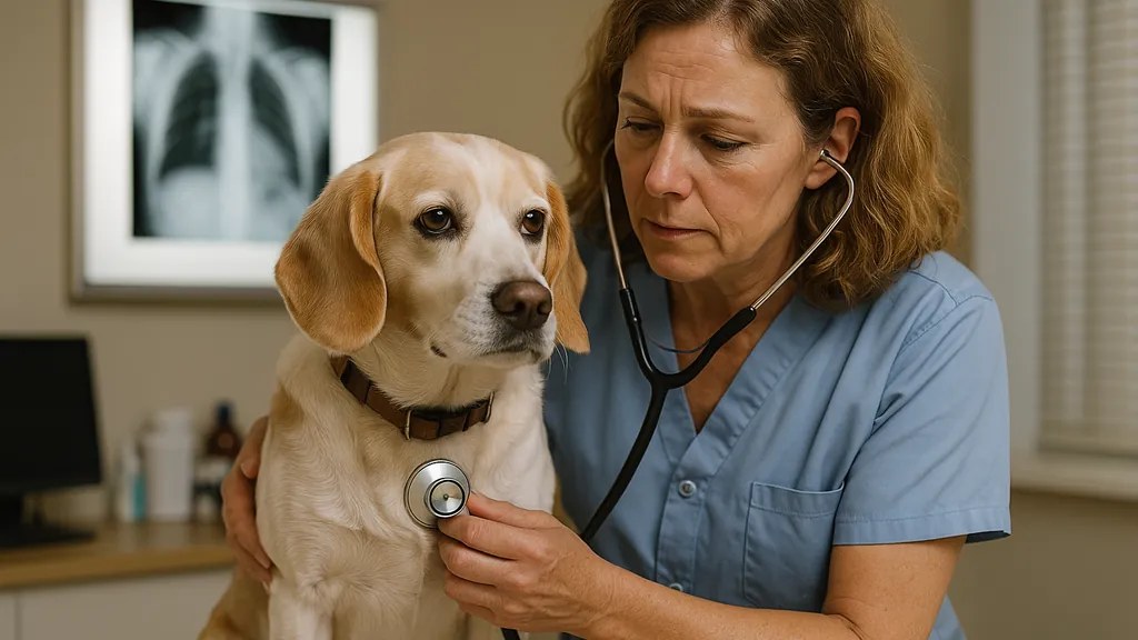 Vétérinaire auscultant un chien pour un souffle cardiaque dans une clinique vétérinaire moderne
