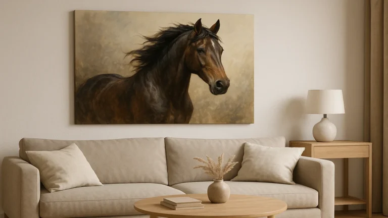 Tableau cheval moderne accroché au-dessus d’un canapé beige dans un salon élégant, décoration murale équestre chaleureuse et contemporaine.