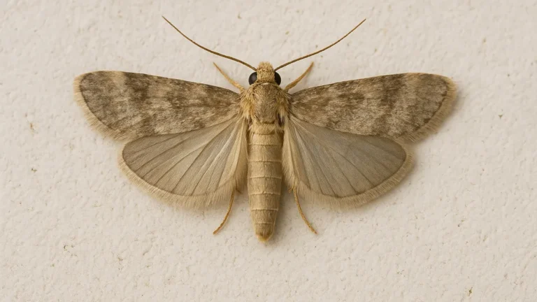 Gros plan d’une teigne insecte beige posée sur un mur clair, ailes déployées montrant les détails du papillon nuisible