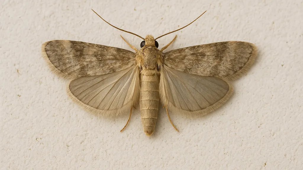 Gros plan d’une teigne insecte beige posée sur un mur clair, ailes déployées montrant les détails du papillon nuisible