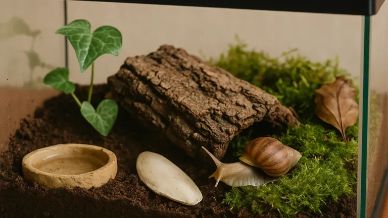 Terrarium pour escargot bien aménagé avec substrat humide, mousse verte, écorce et escargot de jardin en observation