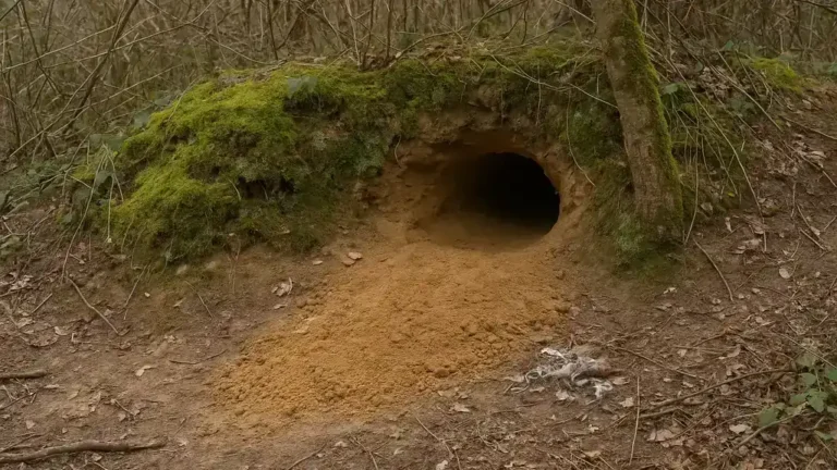 Entrée d’un terrier de renard roux dans un talus terreux, ouverture ovale entourée de déblais et de végétation, typique d’une tanière active en lisière de bois.