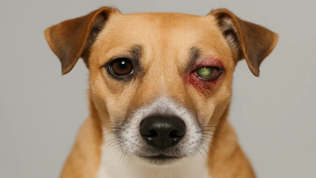 Chien au regard frontal présentant un œil rouge et enflammé évoquant un ulcère cornéen.