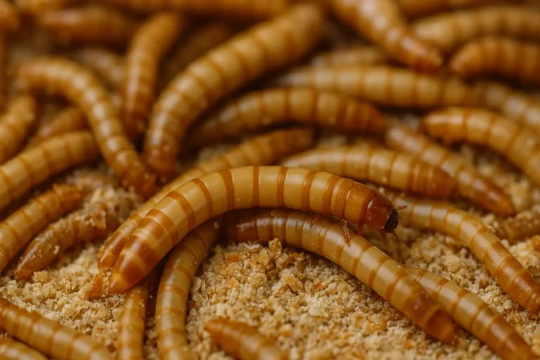 gros plan réaliste de vers de farine vivants Tenebrio molitor dans un bac en substrat, utilisés comme nourriture protéinée pour reptiles oiseaux et poules