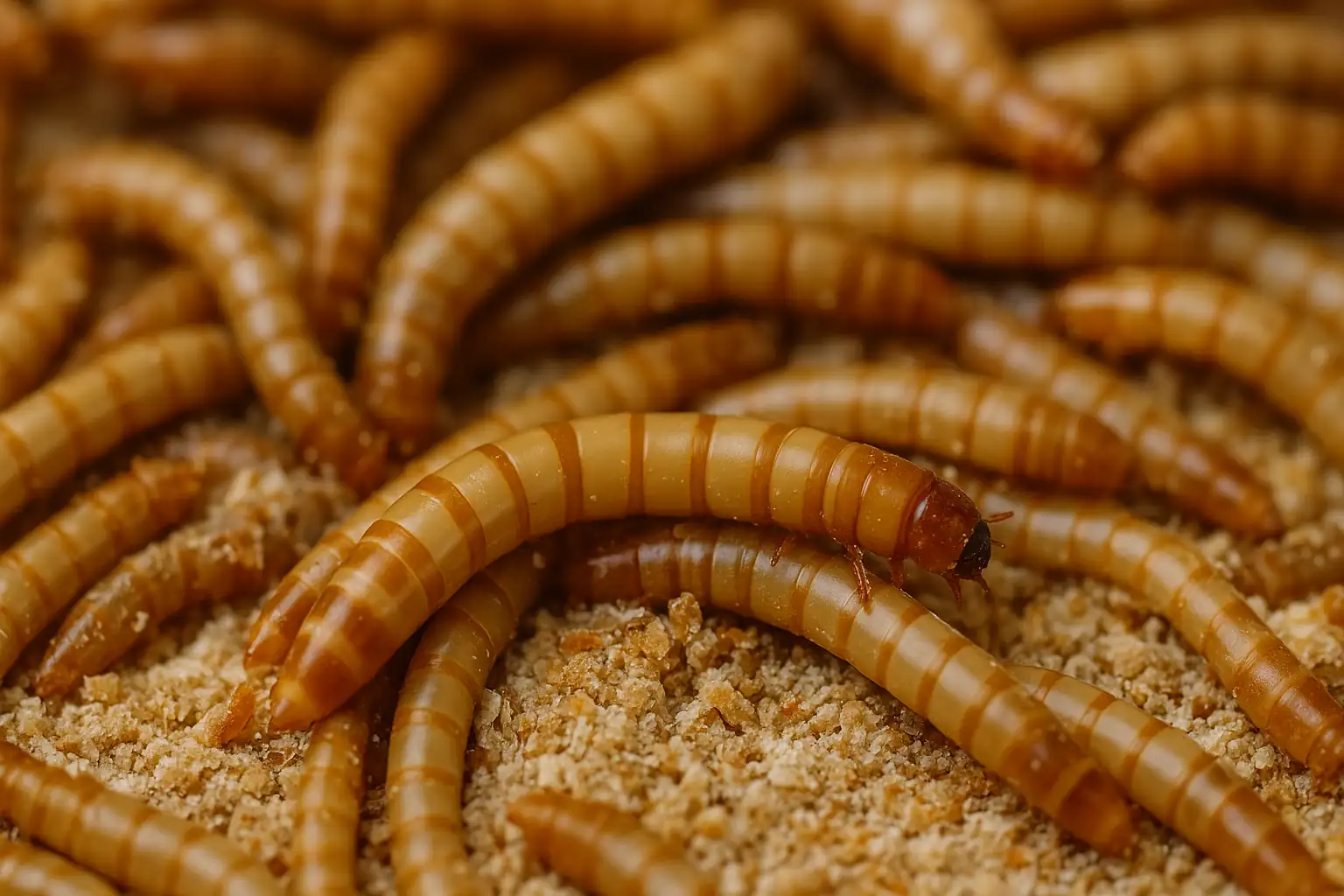 gros plan réaliste de vers de farine vivants Tenebrio molitor dans un bac en substrat, utilisés comme nourriture protéinée pour reptiles oiseaux et poules