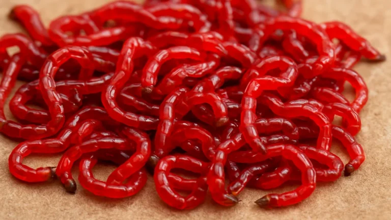 Gros plan réaliste sur un amas de vers de vase rouges utilisés en aquariophilie, larves de chironomes riches en protéines pour poissons d’aquarium.