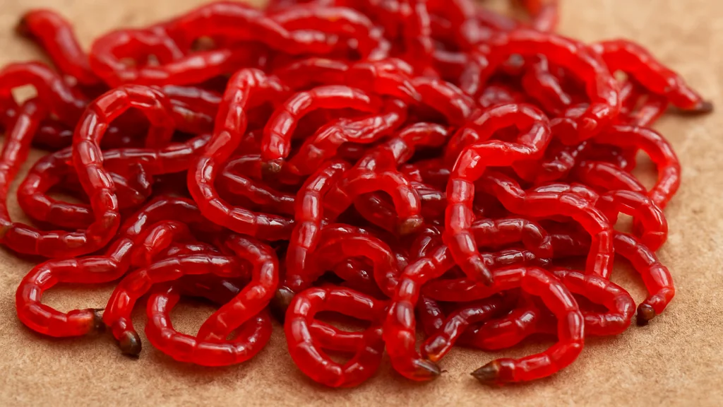 Gros plan réaliste sur un amas de vers de vase rouges utilisés en aquariophilie, larves de chironomes riches en protéines pour poissons d’aquarium.