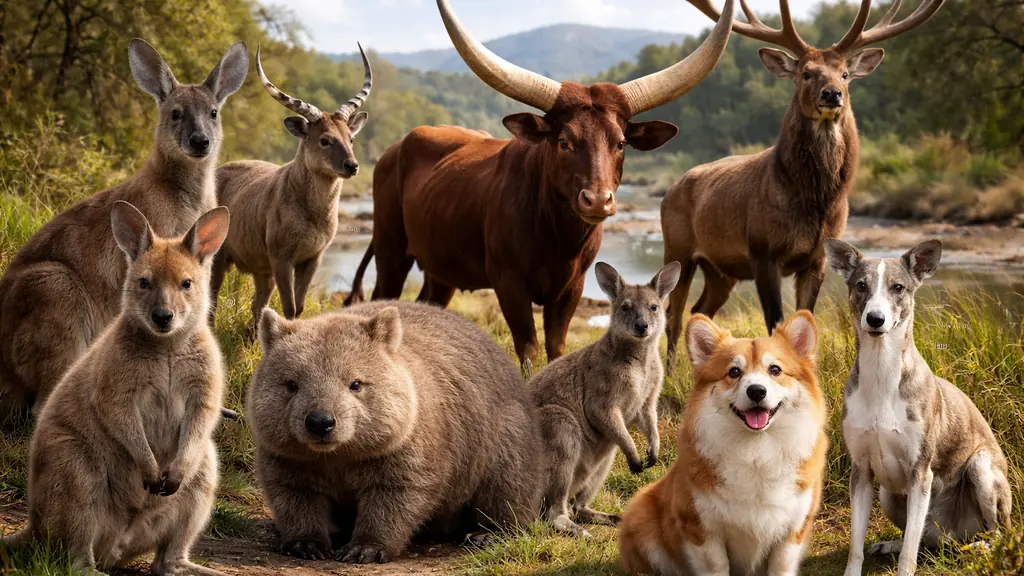 Montage réaliste d’animaux en W (wallaby, wombat, wapiti, waterbuck, watussi, whippet et welsh corgi) dans un paysage naturel lumineux.