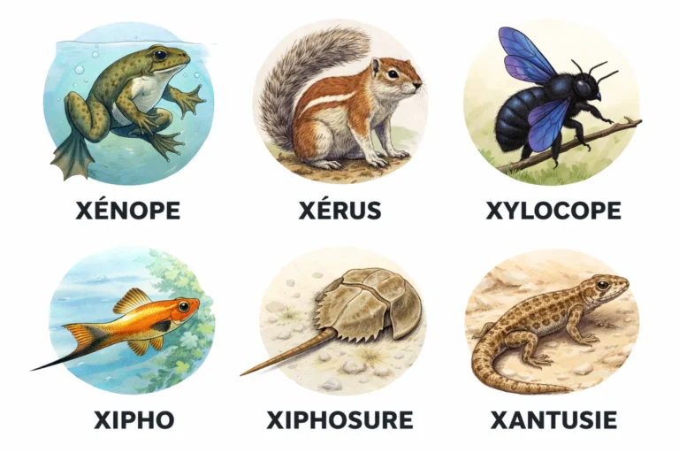 Illustration regroupant les principaux animaux commençant par la lettre X : xénope, xérus, xylocope, xipho, xiphosure et xantusie, utilisée pour les jeux de mots fléchés, mots croisés et le Petit Bac.