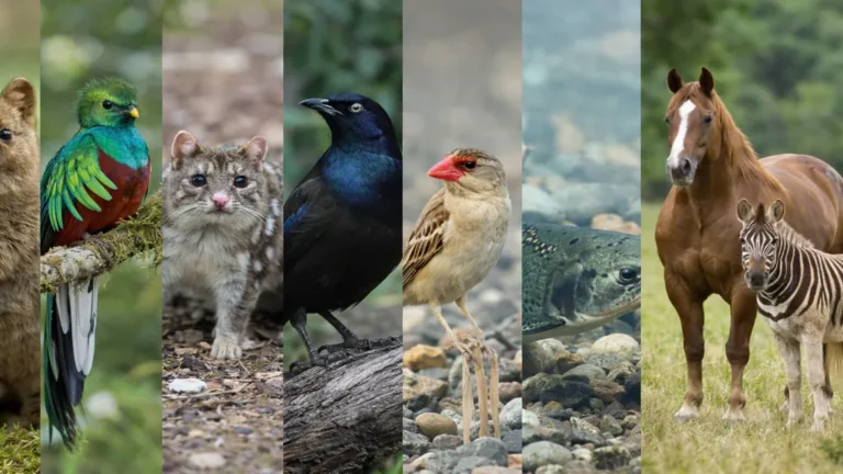 Montage illustrant plusieurs animaux commençant par la lettre Q, dont le quokka, le quetzal, le quoll, le quiscale, le quéléa à bec rouge, le quinnat et le quagga