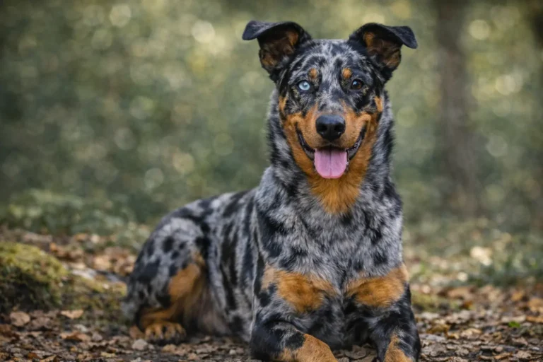Beauceron arlequin adulte assis en forêt, présentant une robe bleu merle marbrée de noir avec marques feu et yeux vairons, typique du berger de Beauce arlequin.