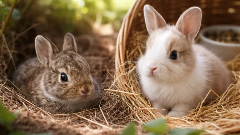 Bébé lapin : deux lapereaux, sauvage et domestique, dans la paille en extérieur, lumière douce et arrière-plan flou.