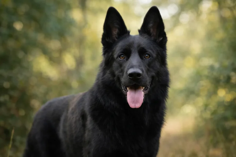 Berger allemand noir unicolore en extérieur, illustrant la robe noire reconnue par le standard FCI, le gabarit athlétique et l’expression attentive de la race.